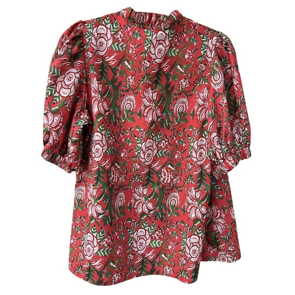 Womens Red Floral Print‎ Puff Sleeve Mock Neck Tunic Top M - Picture 2 of 6